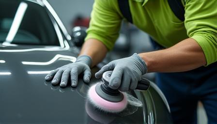 Detailing technician using buffing machine